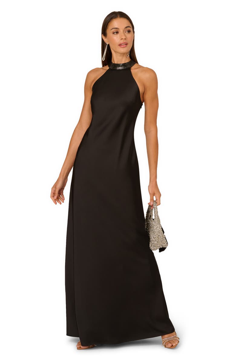 Adrianna Papell Embellished Mock Neck Stretch Satin Gown, Alternate, color, Black