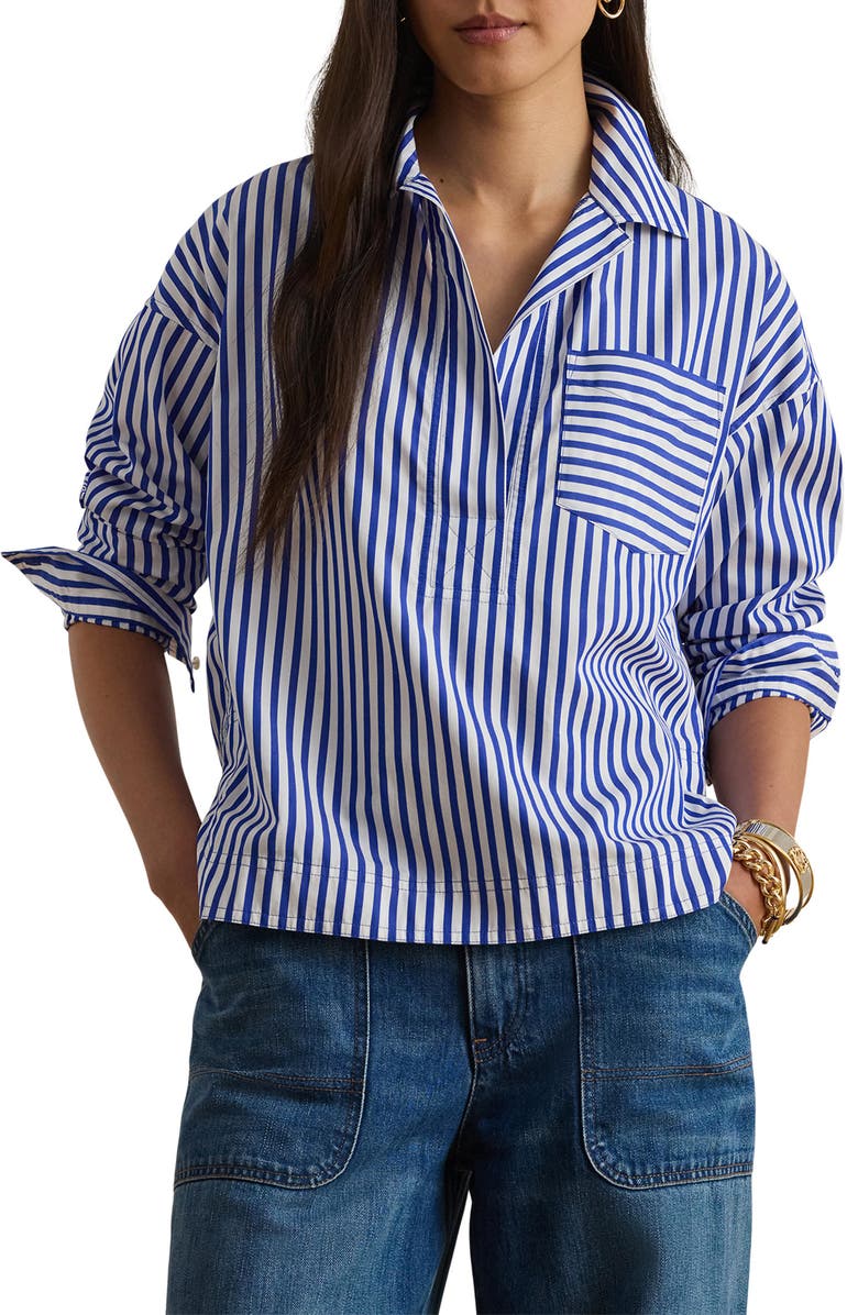 Lauren Ralph Lauren Stachee '70s Stripe Cotton Broadcloth Popover Shirt, Main, color, Blue/ White Multi