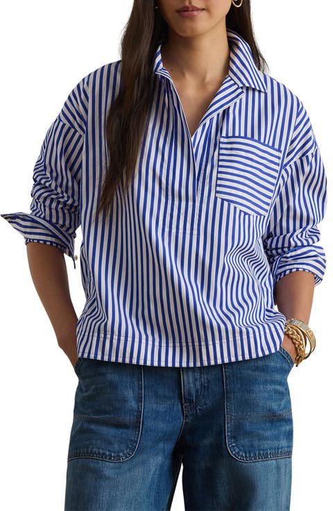 Stachee '70s Stripe Cotton Broadcloth Popover Shirt (Petite)