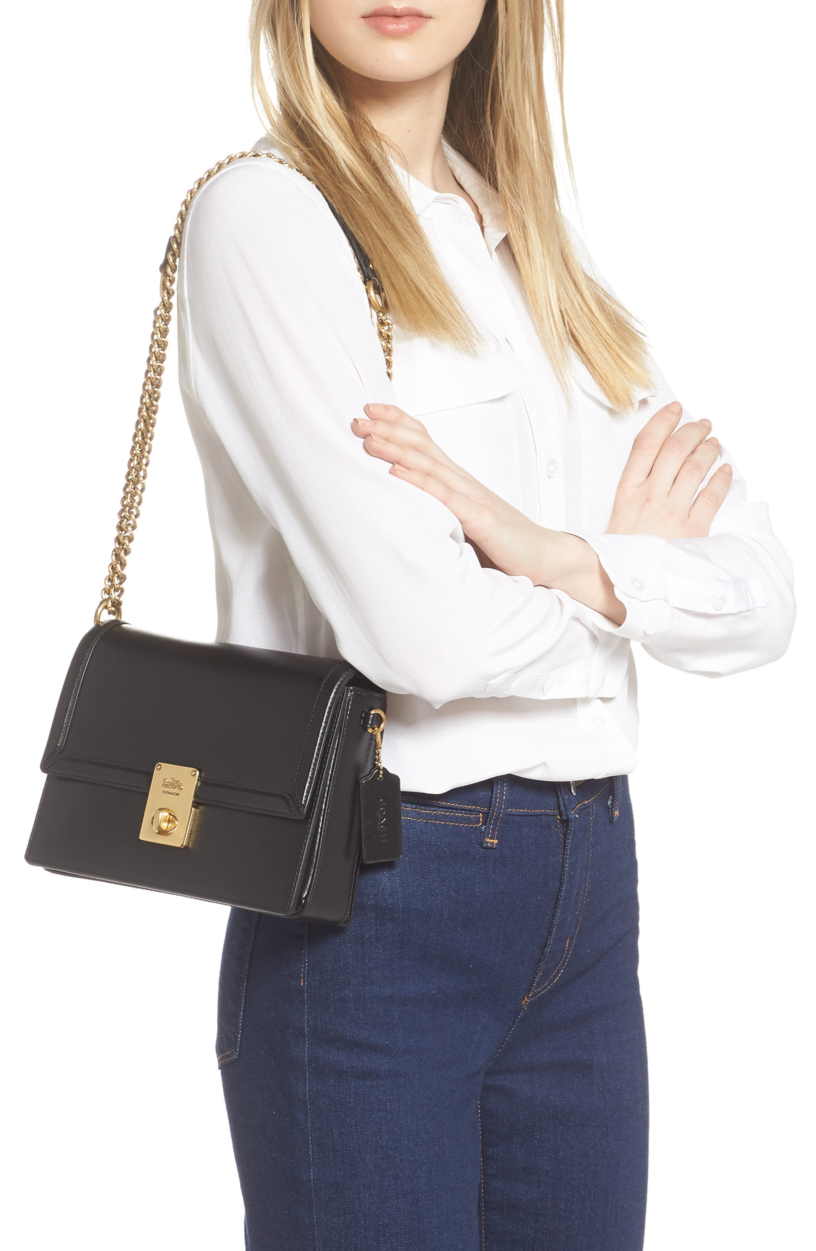 COACH Hutton Leather Shoulder Bag, Alternate, color, 