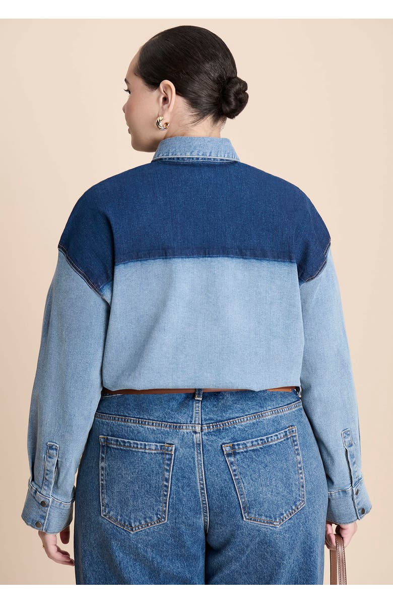 ELOQUII Denim Trucker Shirt, Alternate, color, Indigo With Light Wash