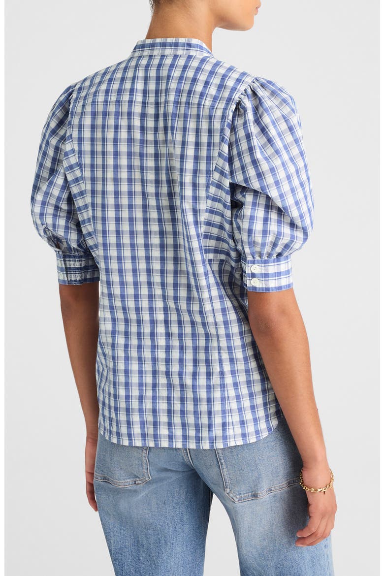 Plaid Puff Sleeve Band Collar Shirt, Alternate, color, BLUE WHITE PLAID