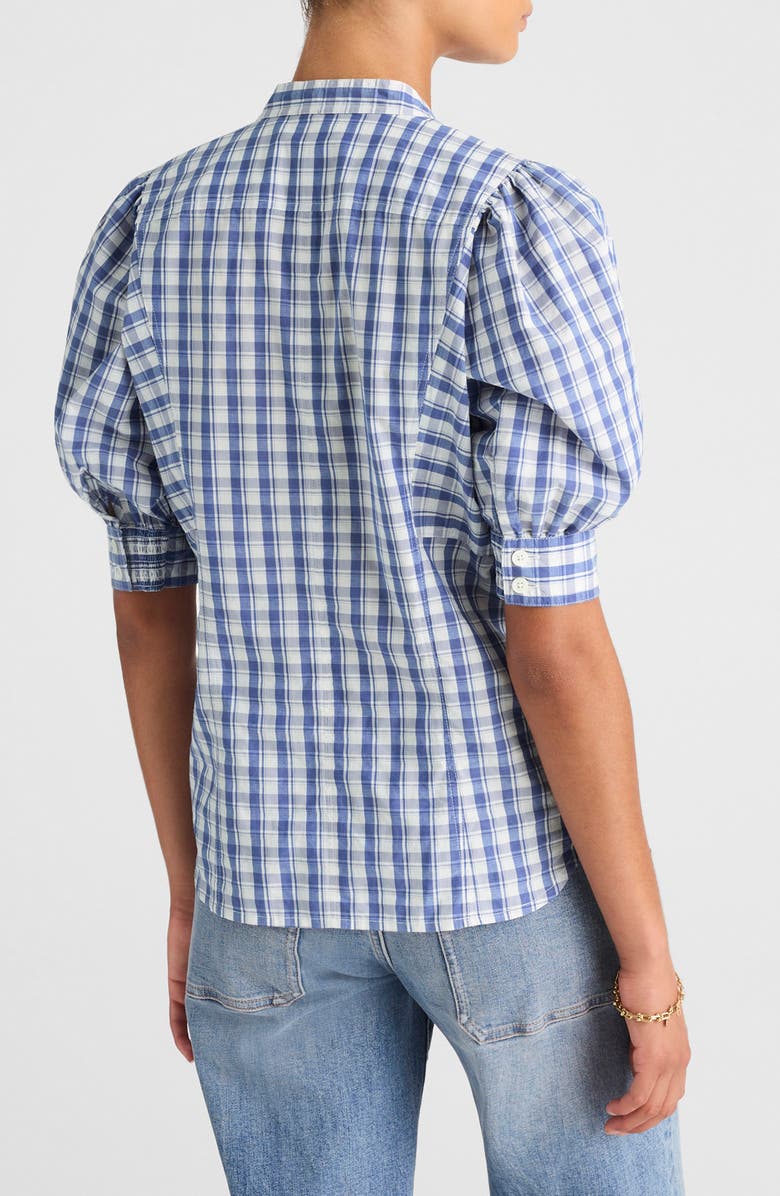 Madewell Plaid Puff Sleeve Band Collar Shirt, Alternate, color, Blue White Plaid