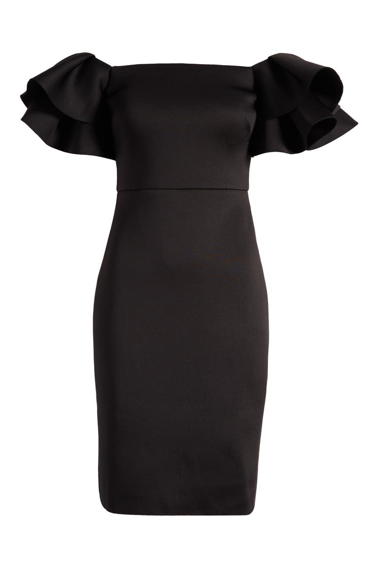 Ruffled Off-the-Shoulder Cocktail Dress, Alternate, color, BLK