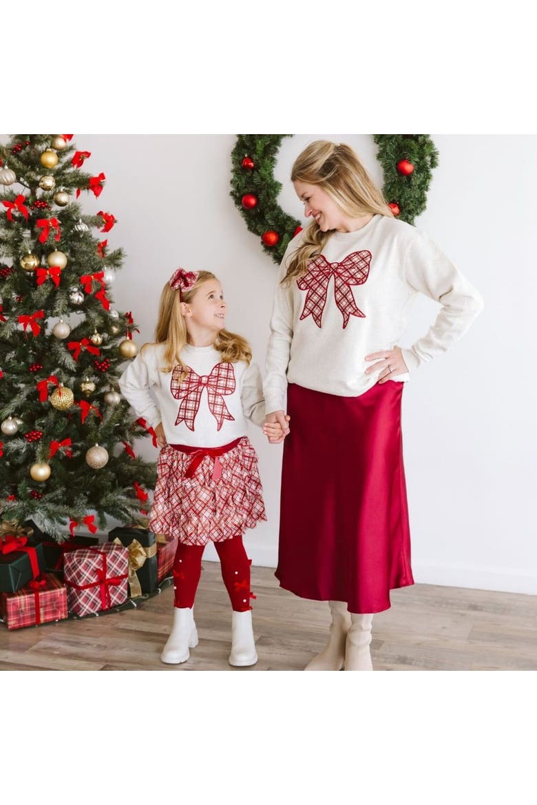 Christmas Plaid Bow Patch Women's Sweatshirt, Alternate, color, Natural