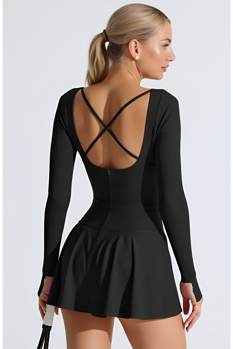 Long-Sleeve Thumbhole Open Crisscross-Back Active Romper Dress, Alternate, color, Black