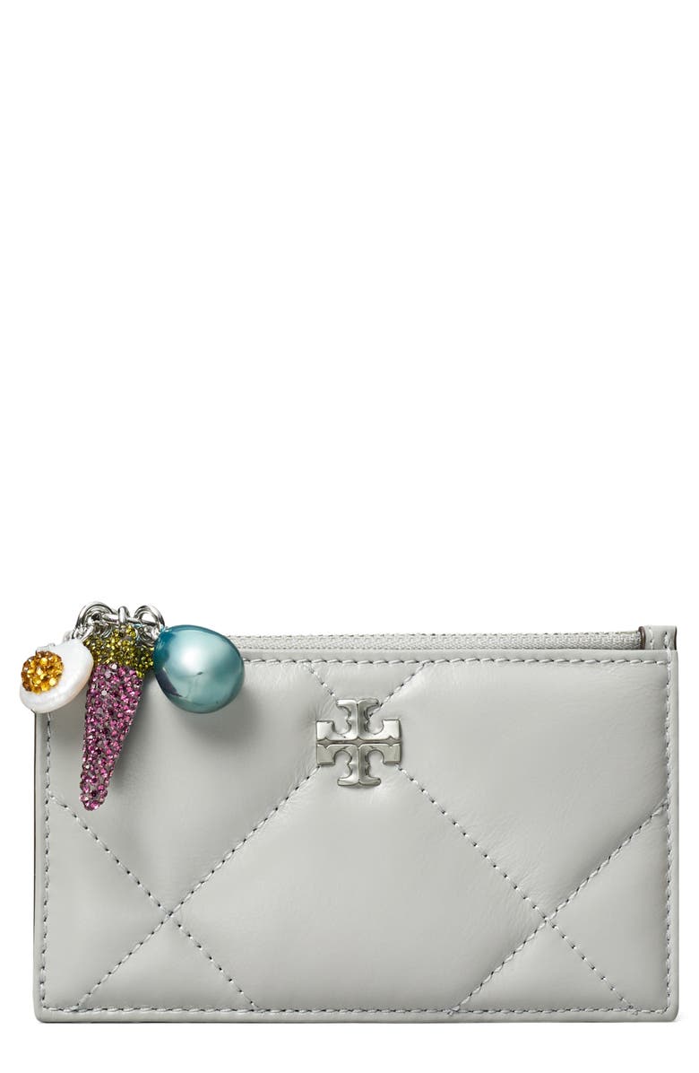 Tory Burch Kira Diamond Quilt Charm Zip Wallet, Main, color, Grey