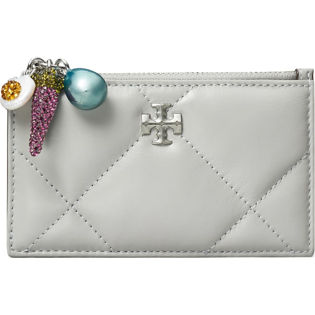 Tory Burch Kira Diamond Quilt Charm Zip Wallet In Gray