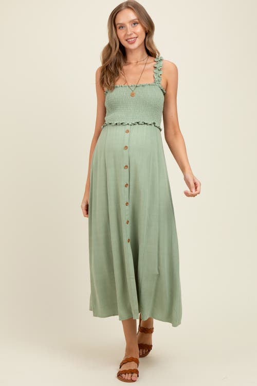 Pinkblush Smocked Button Front Linen Blend Midi Dress In Green