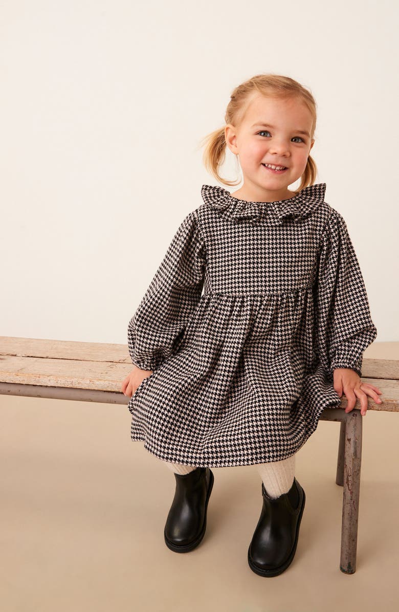 NEXT Kids' Puppytooth Ruffle Collar Long Sleeve Cotton Dress, Alternate, color,