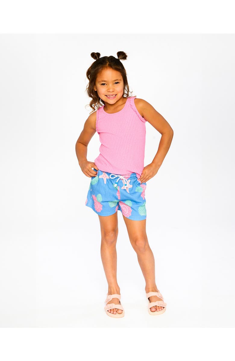 Deux par Deux Crinkle Jersey Straight Fit Shell Shorts, Alternate, color, Blue Seashell Print