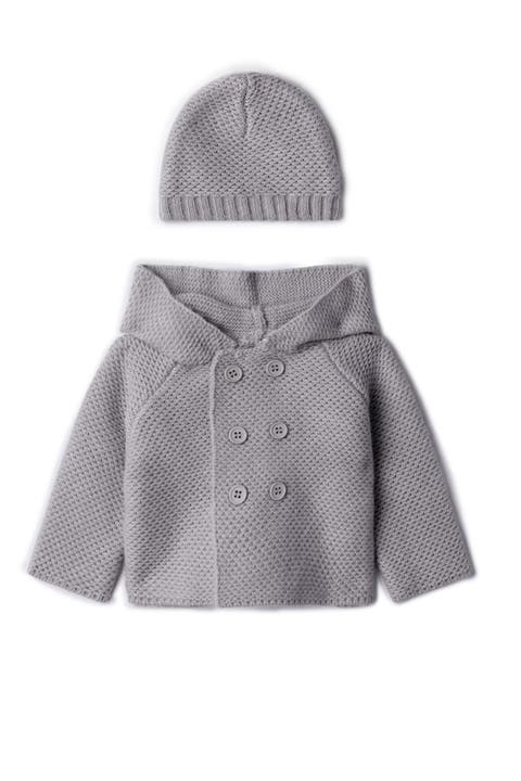 Cozy Knit Button-Front Hooded Jacket and Matching Hat Set