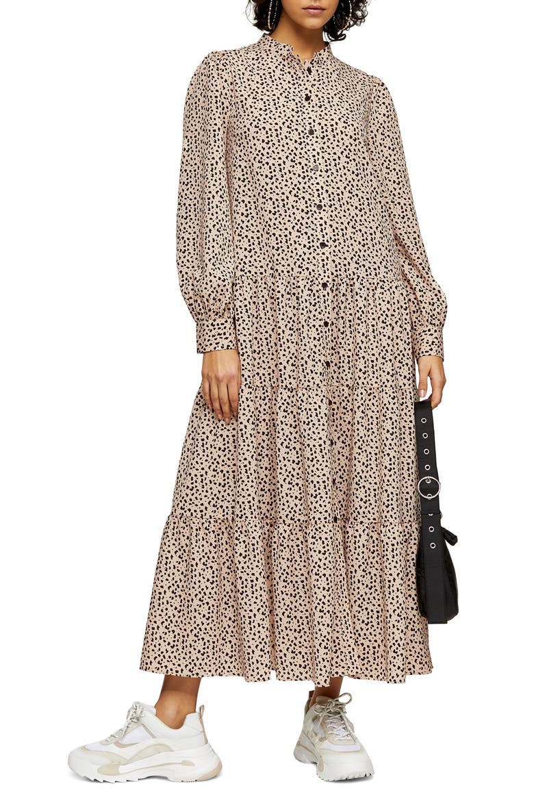 Spot Tiered Long Sleeve Maxi Shirtdress, Main, color, BLACK MULTI