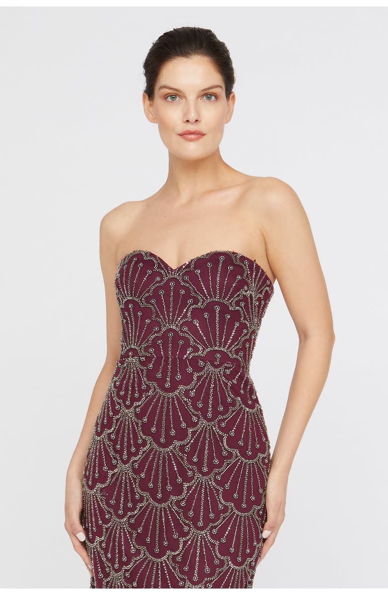 Theia Tessa Strapless Beaded Sweetheart Neckline Mesh Column Gown, Alternate, color, Oxblood