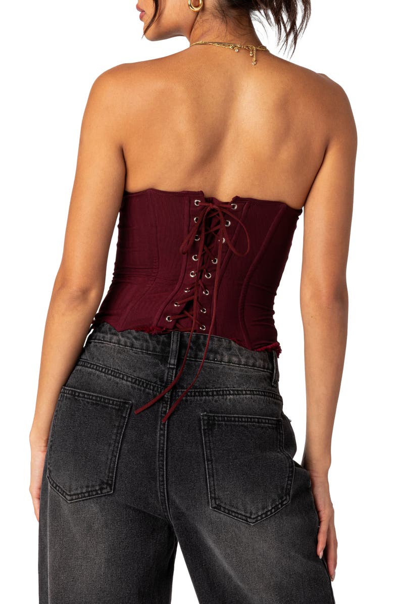 EDIKTED Deirdre Lace-Up Strapless Mesh Corset Top, Alternate, color, Burgundy