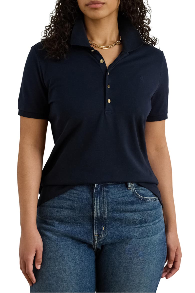 Stretch Cotton Piqué Polo Shirt, Main, color, LAUREN NAVY
