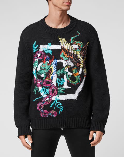 Wool Cotton Pullover Round Neck Ls Tattoo Patches Unisex