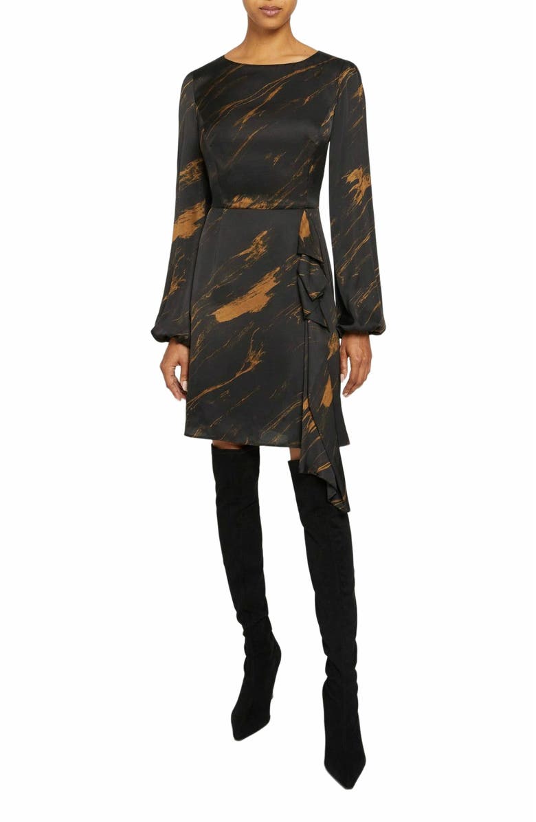 Santorelli MALIA Long Sleeve Dress with Side Ruffle Panel in Abstract Print, Alternate, color, Black
