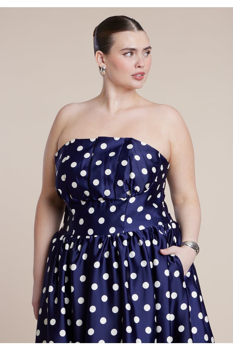 Strapless Polka Dot Flare Midi Dress, Alternate, color, EVENING DOT