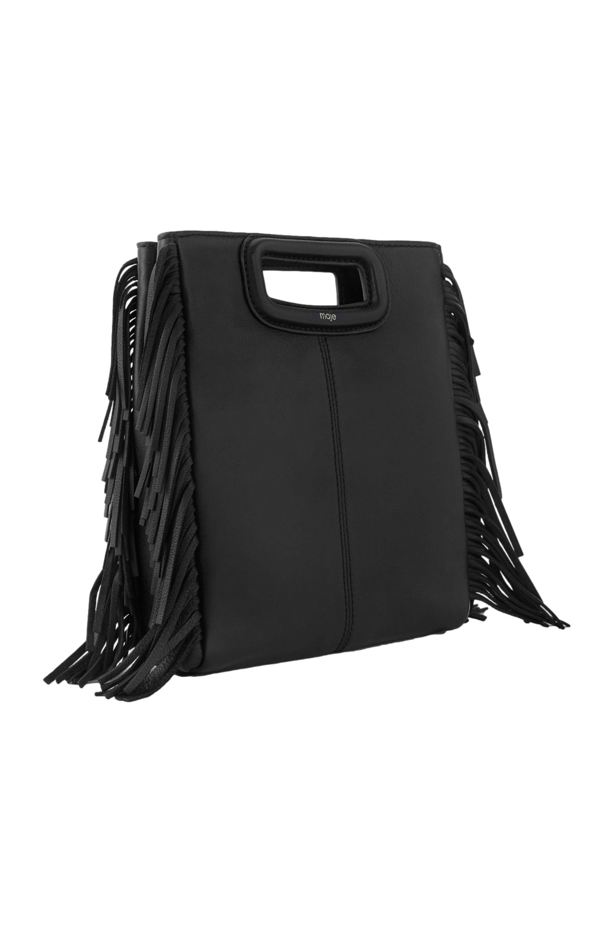 maje Smooth leather M bag with fringing, Alternate, color, Black