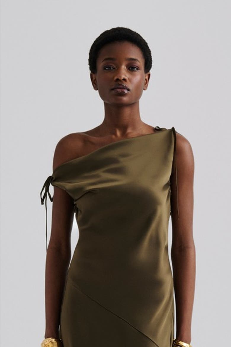 Zarea Tie Satin Midi Dress, Alternate, color, Olive