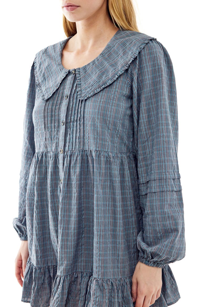 Plaid Long Sleeve Cotton Minidress, Alternate, color, BLUE