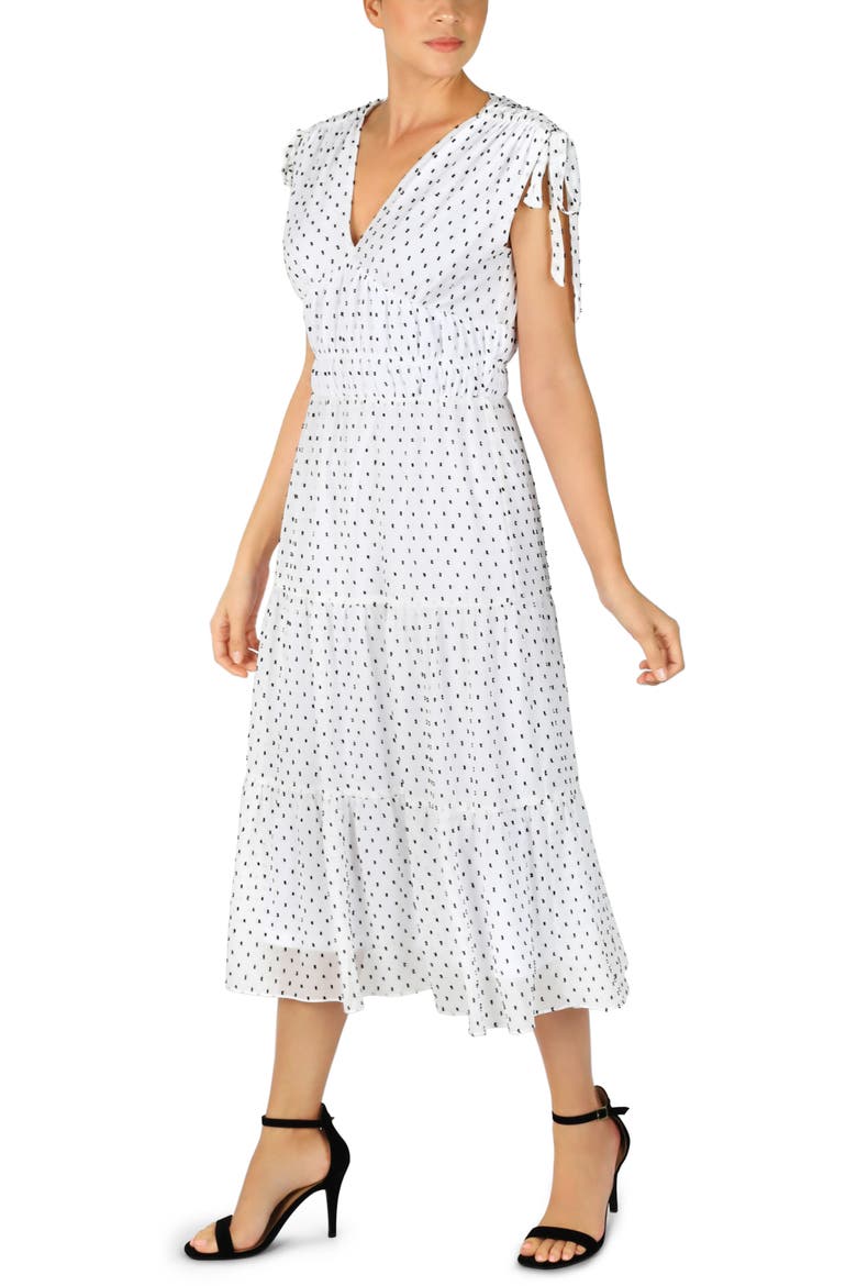 Clip Dot Ruched Tiered Dress, Alternate, color, WHITE/ BLACK