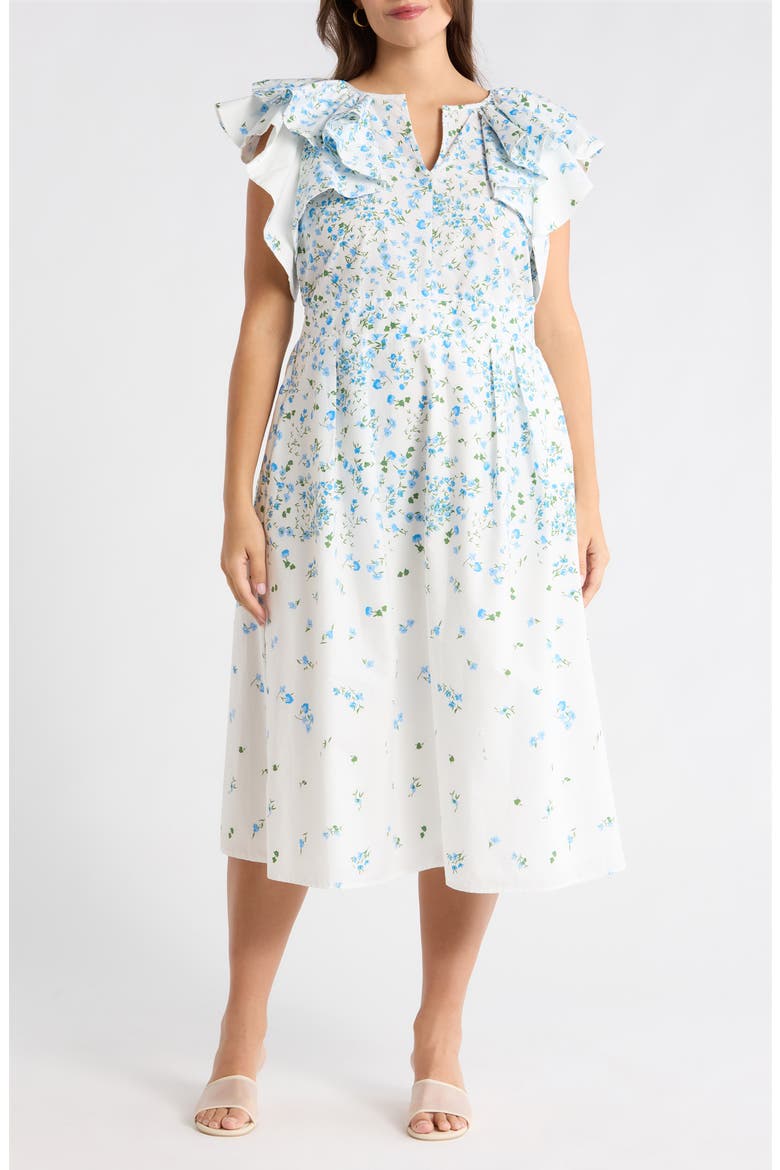 Floral Ruffle Flutter Sleeve Cotton Midi Dress, Main, color, WHITE BLUE GREEN