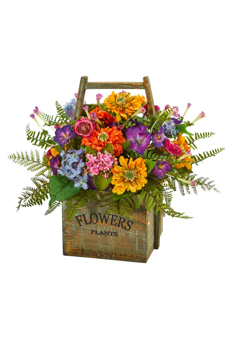 Mixed Floral Artificial Arrangement in Wood Basket, Main, color, Multicolor