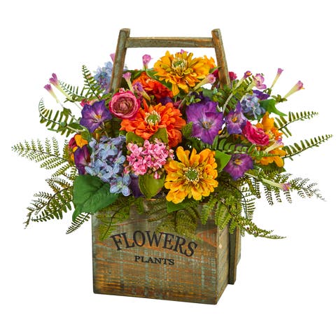 Mixed Floral Artificial Arrangement in Wood Basket