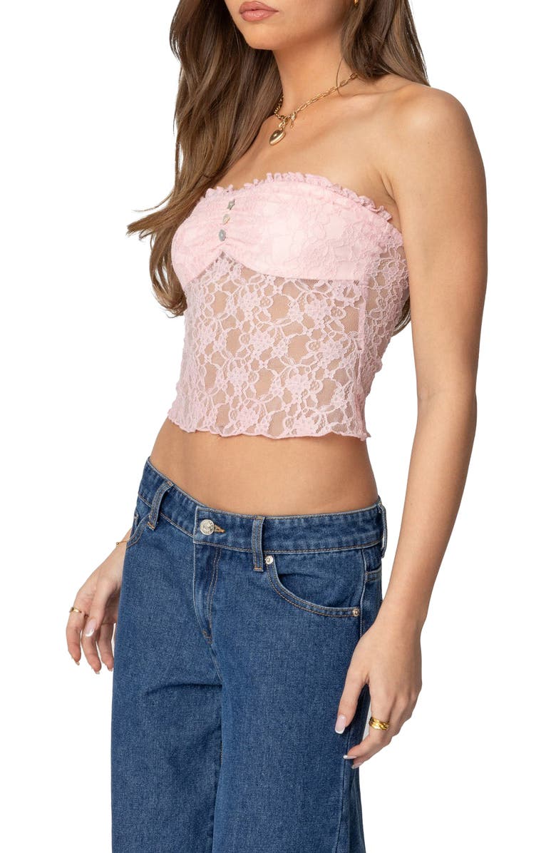 EDIKTED Odilia Strapless Sheer Lace Crop Top, Alternate, color, Light-Pink