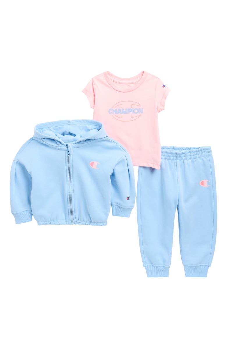 Champion Full Zip Hoodie, T-Shirt & Joggers Set, Main, color, Placid Blue