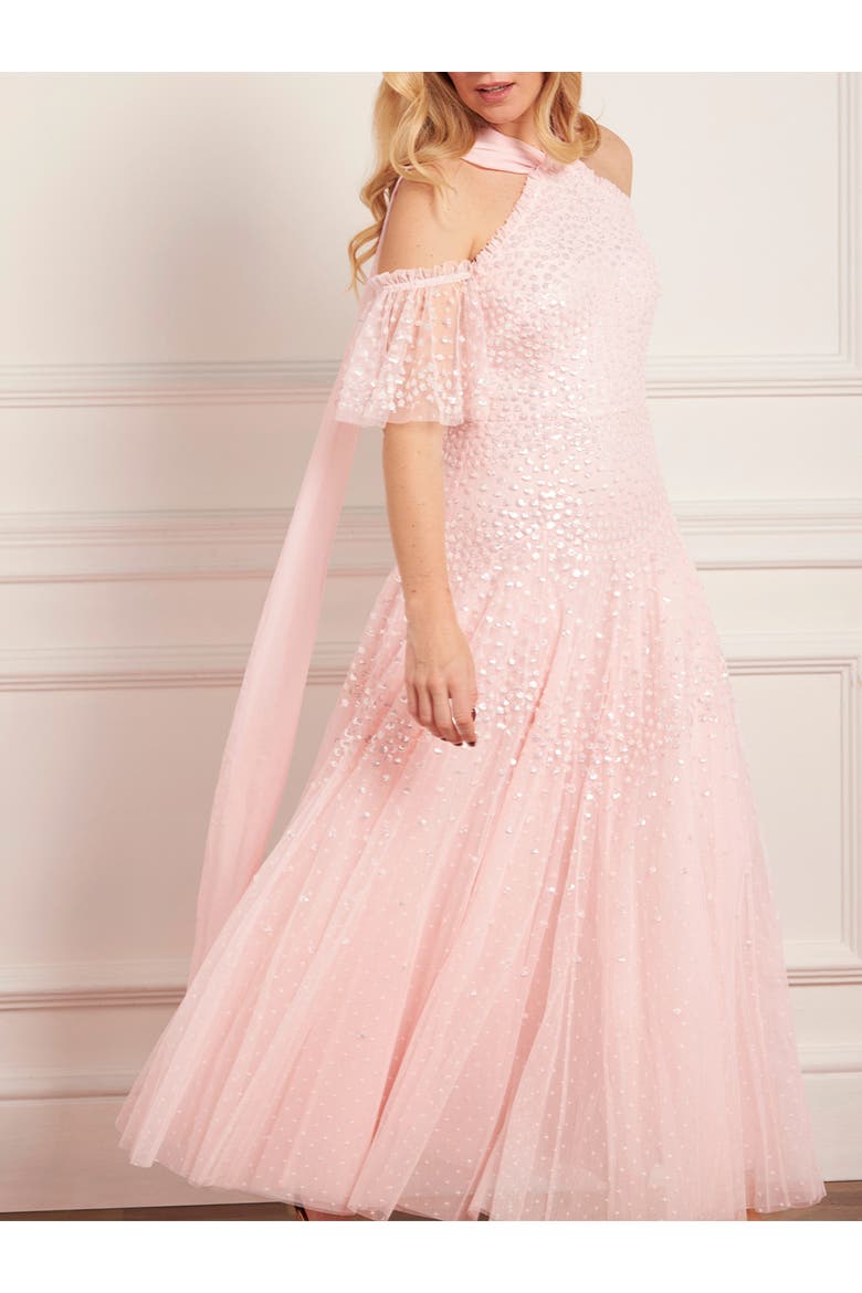 Scallop Sequin Halter-Neck Ankle Gown, Alternate, color, Seashell