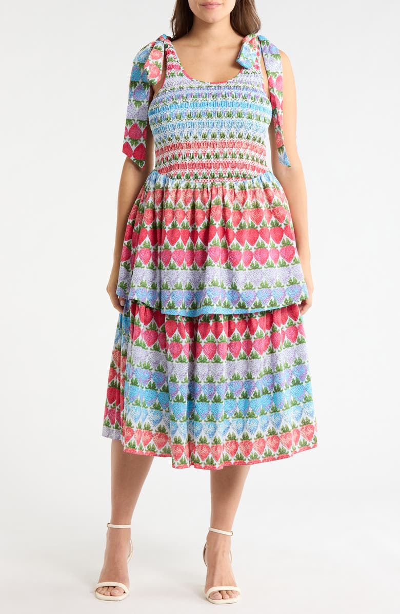 SUGARLIPS Berry Burst Layered Ruffle Tie Strap Midi Dress, Main, color, Multi
