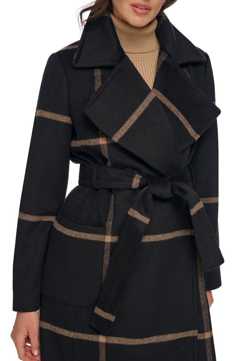 DKNY Windowpane Plaid Tie Waist Wool Blend Coat, Alternate, color, 