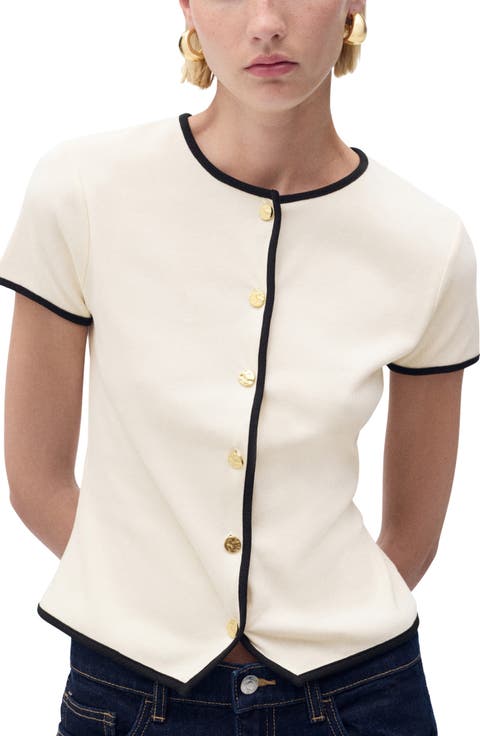 Contrast Trim Short Sleeve Cotton Cardigan