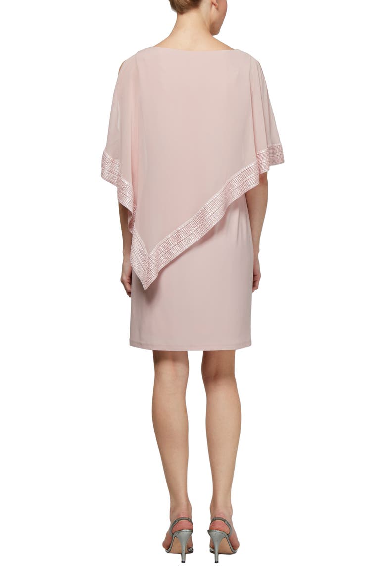 Foil Trim Asymmetrical Popover Capelet Sheath Dress, Alternate, color, FADED ROSE SILVER