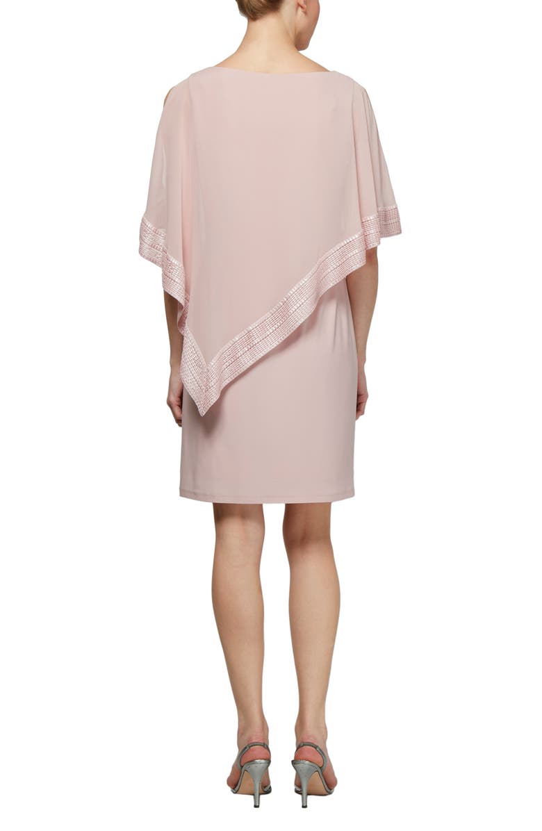 SL FASHIONS Foil Trim Asymmetrical Popover Capelet Sheath Dress, Alternate, color, Faded Rose Silver