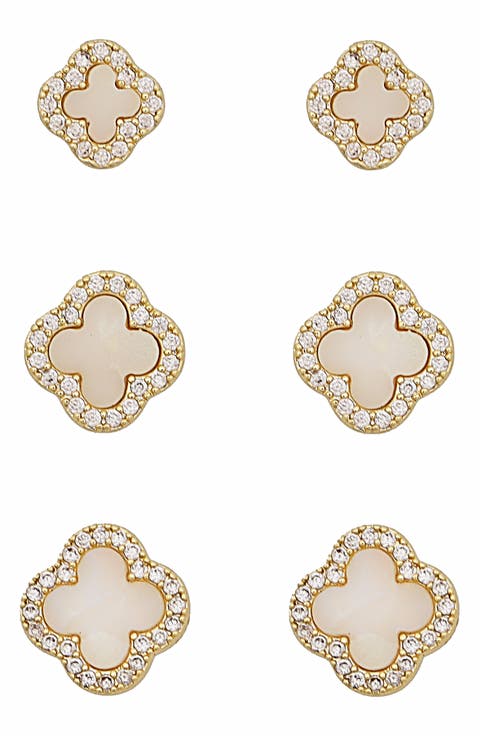 Set of 3 Cubic Zirconia Halo Clover Stud Earrings