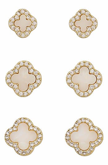 Panacea Set Of 3 Cubic Zirconia Halo Clover Stud Earrings In Gold