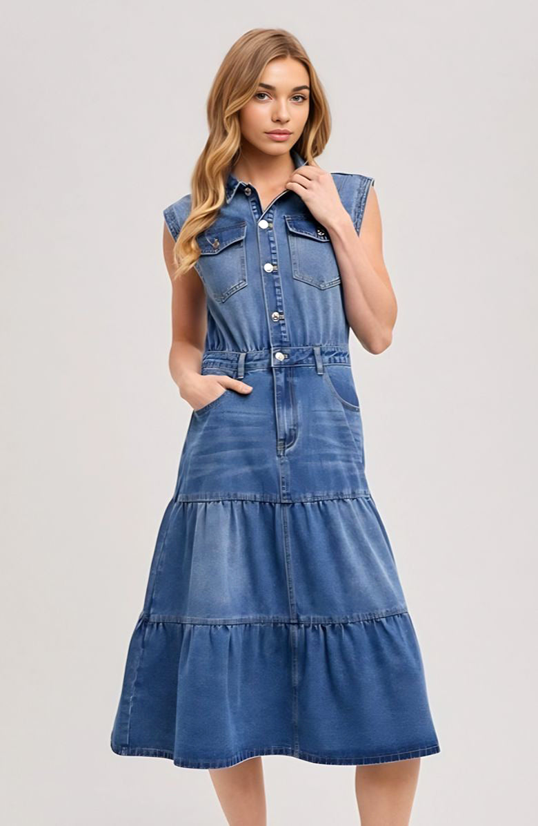 Knit and Lounge Sleeveless Tiered Denim Midi Dress, Alternate, color, Navy