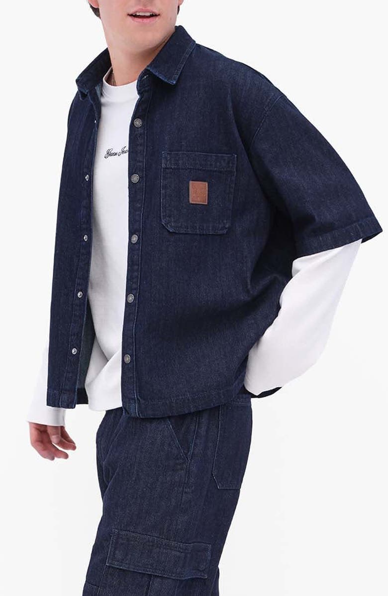 GUESS JEANS Short Sleeve Oversize Crop Denim Button-Up Shirt, Alternate, color, Blue