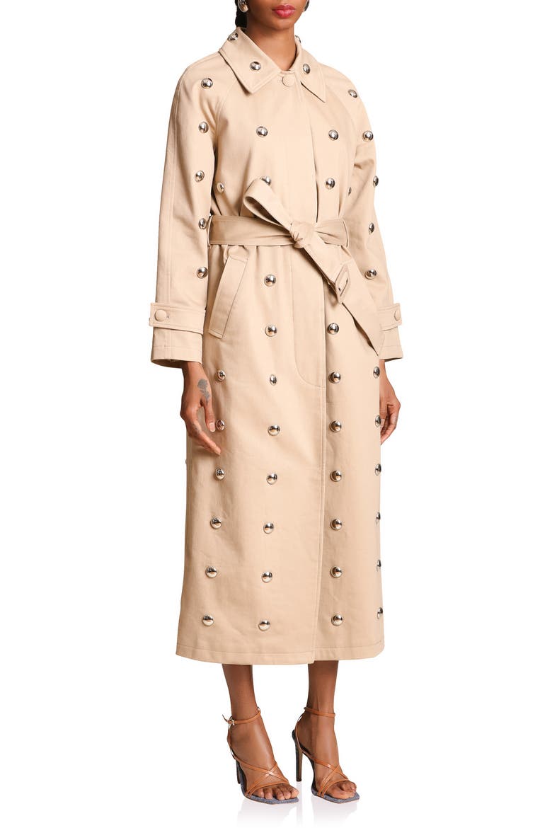 Statement Stud Cotton Maxi Trench Coat, Alternate, color, KHAKI STUDDED