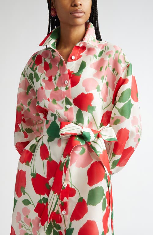 Carolina Herrera Rose Print Oversized Self-belt Midi Shirt Dress In White Multi