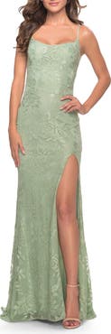La Femme Simple Stretch Lace Dress with Slit