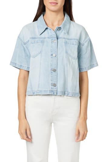 Habitual Oversize Short Sleeve Crop Denim Shirt In Blue