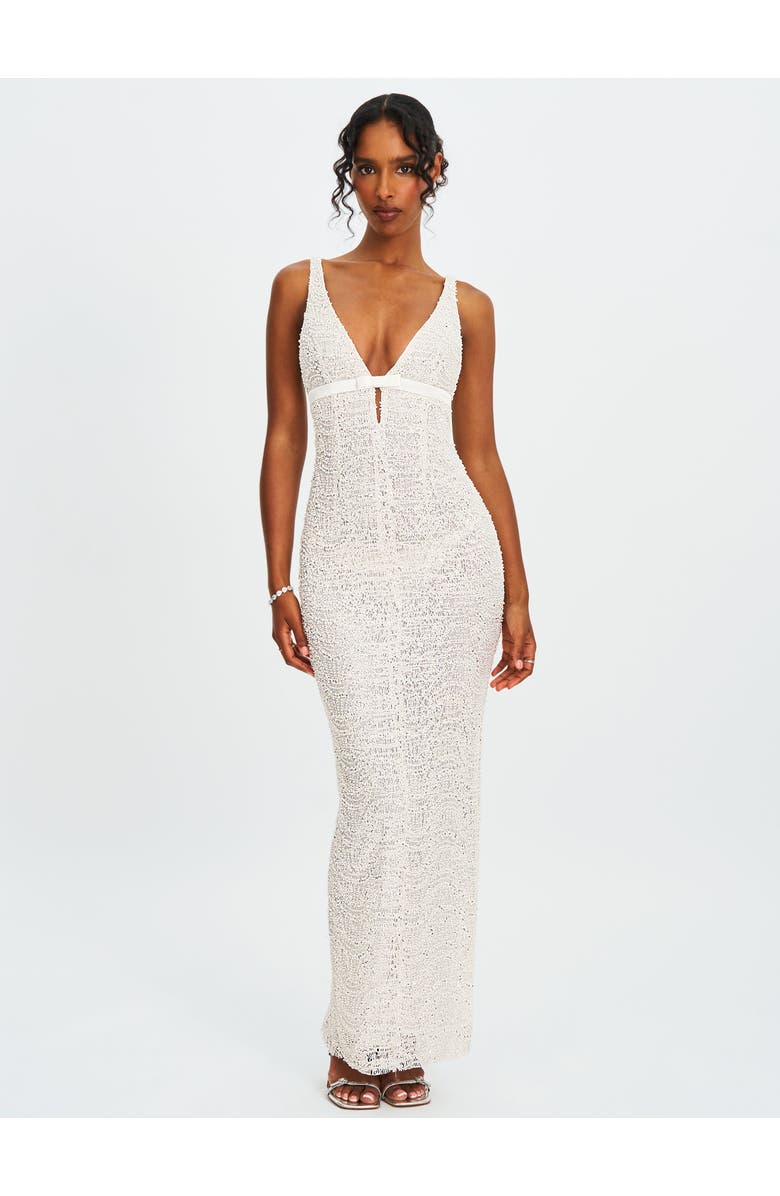 Miss Circle Adelaide Beaded Sequin Net Bodycon Gown, Main, color, White