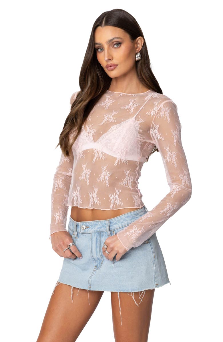 EDIKTED LIse Sheer Floral Lace Top, Alternate, color, Light-Pink