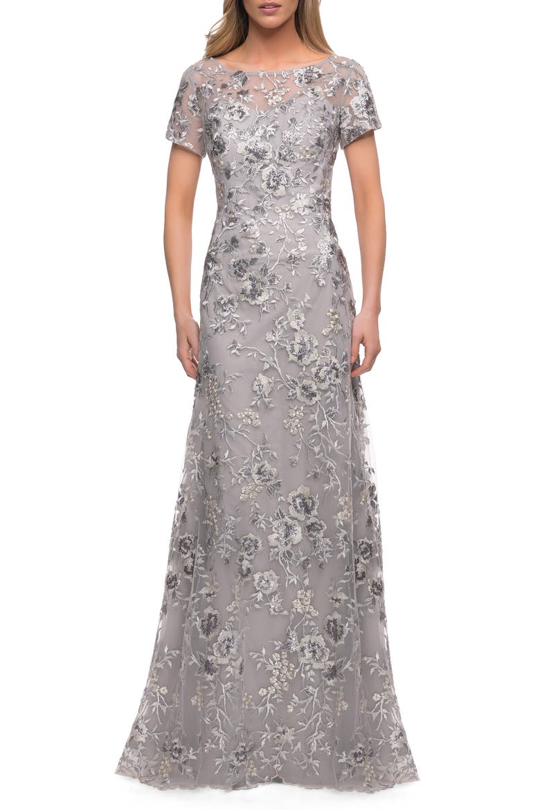 Metallic Embroidered Lace Evening Gown, Alternate, color, SILVER