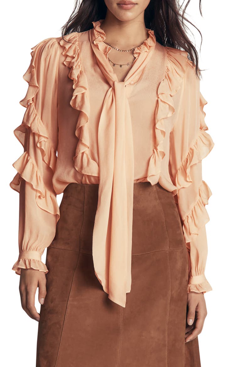 Ruffled Tie Neck Georgette Top, Main, color, SOFT PEACH